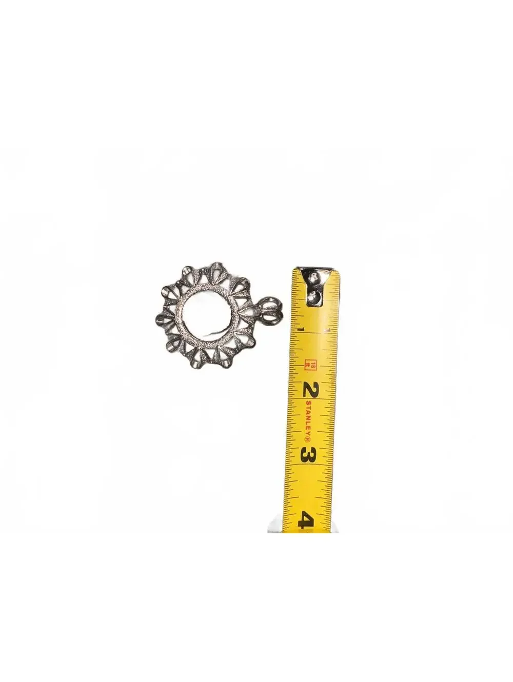 Vintage Silver Tone Coin Pendant Brooch with Intricate Frame Design